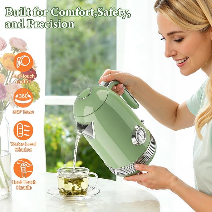 Electric Kettle - 1.7L Hot Tea Water Boiler with Thermometer, 1500W Fast Heating Stainless Steel Pot, Cordless LED Indicator, Auto Shut-Off & Boil Dry Protection, Retro Green