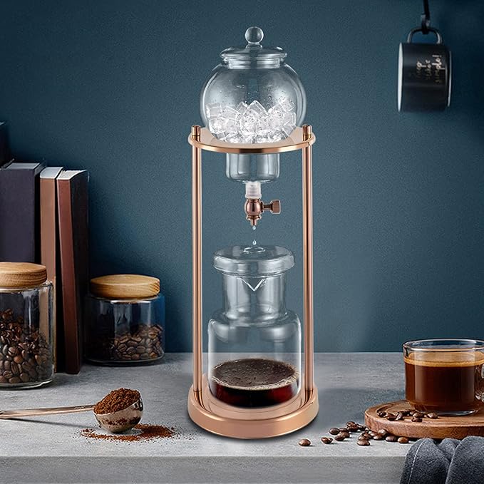 Iced Coffee Cold Brew Drip Tower Coffee Maker, Wooden Ice Coffee Machine, Stainless Steel and Borosilicate Glass, Long Neck Sharing Pot, with Measuring Spoon (Gold)