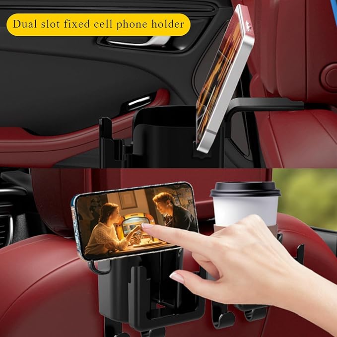 Headrest Cup Holder for Back Seat, Multifunctional Auto Drink Cup Holder with Phone Holder & Purse Hooks, 3 in 1 Hanging Cup Holder Universal Backseat Organizer for Vehicles