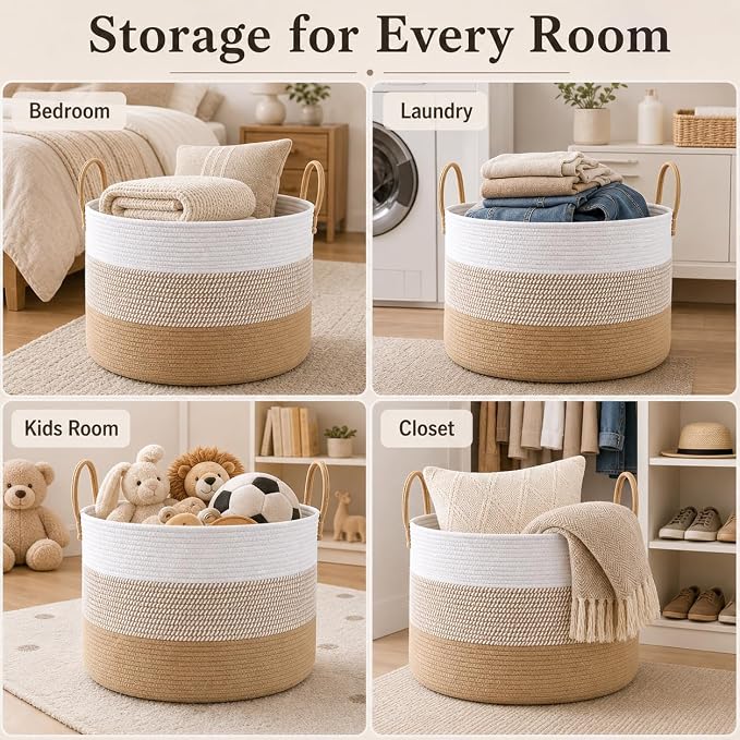 JMvicyroam 115L Extra Large Blanket Basket for Living Room - Woven Cotton Rope Laundry Hamper with Reinforced Handles - Storage Bin for Pillows, Comforters & Toys - Machine Washable,White&Jute Mix