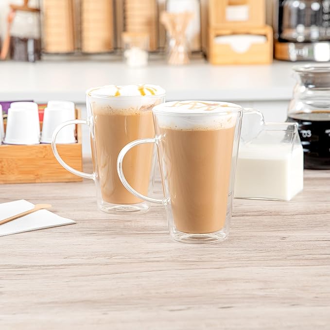 Restaurantware Glass Espresso Cups 12 Count 14 Ounces Borosilicate Double Wall Glass Coffee Mugs Insulated Clear Tea Drinkware for Hot or Cold Beverages