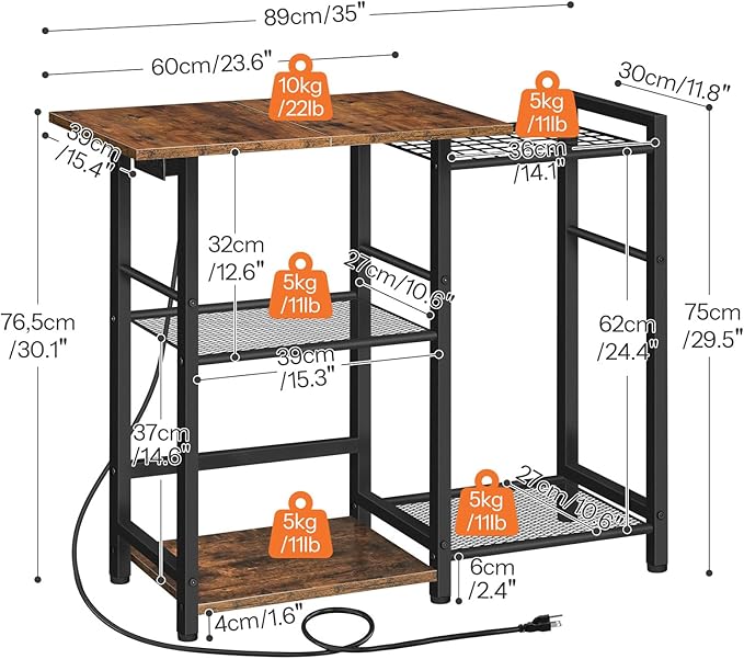 HOOBRO Bakers Rack with Power Outlet, Microwave Stand with Pots Rack, Kitchen Stand, Coffee Bar Table with 6 S Hooks, Kitchen Utility Storage Shelf for Spices, Pots, Black and Rustic Brown BF15UHB01G1