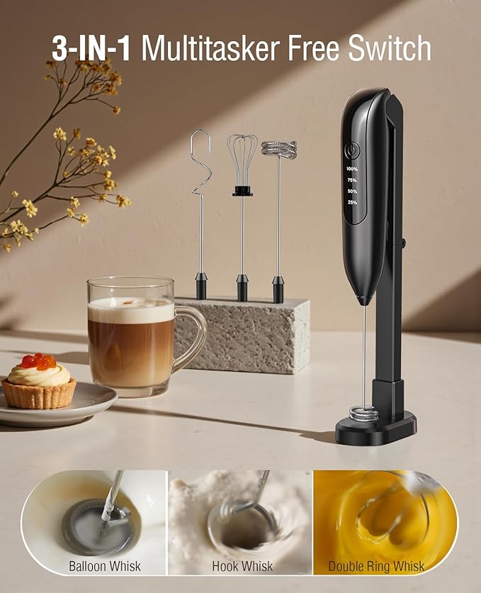 Electric Milk Frother Handheld: coffee frother rechargeable 3 in 1 - LED Display, Wireless Charging - 3 Speeds, Stainless Steel Whisk for Latte, Cappuccino - Bright Grey