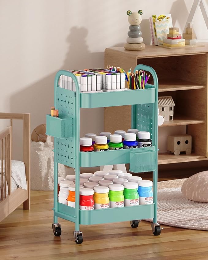 ALVOROG 3 Tier Rolling Cart with DIY Pegboards Metal Utility Cart with Wheels Handles Baskets Hooks, Craft Cart for Office Kitchen Bathroom(Tiffany Blue)