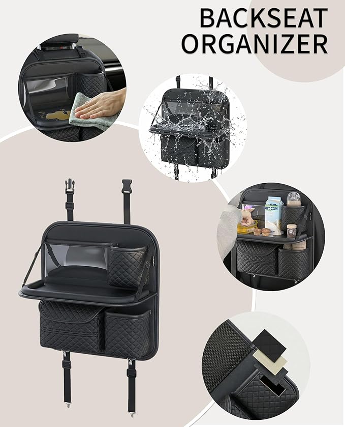 Car Seat Organizer, Backseat Car Organizer with Foldable Table Tray & Cup Holder - Leather Car Backseat Organizer for Kids, Women, Road Trip Essentials for SUVs, Trucks and Cars (Black)