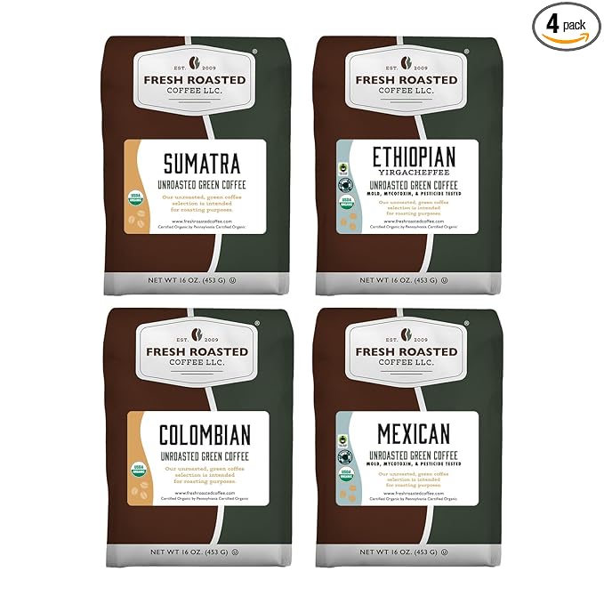 Fresh Roasted Coffee, Unroasted Organic Explorer Home Roasting Starter Kit | USDA Organic, Kosher | 4 one-pound bags