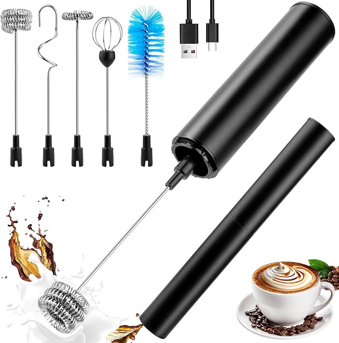 Milk Frother Wand for Coffee, Coffee Foamer Drink Mixer,Handheld Frother Rechargeable Electric Whisk with 5 Heads 2 Speeds for Latte, Cappuccino, Hot Chocolate, Egg(Home and Travel Set Black)