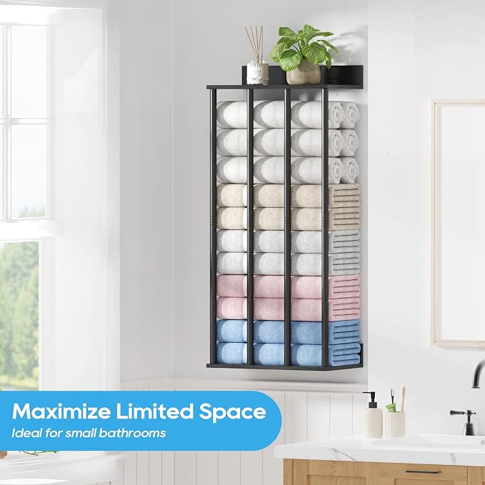 Towel Racks for Bathroom Wall Mounted, Updated 4 Bar Wall Towel Holder | Large Bathroom Towel Storage Rack for Rolled Towels, Modern Metal Towel Organizer Shelf with Wooden Storage Shelf