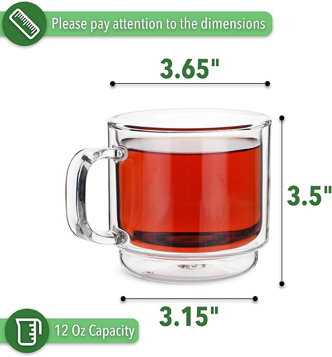 BTaT- Double Walled Stackable Glass Coffee Mugs, 12 oz, Set of 4, Glass Coffee Cups with Handle, Insulated Clear Coffee Mug for Hot and Cold Beverages, Cappuccino, Latte, Tea, Americano