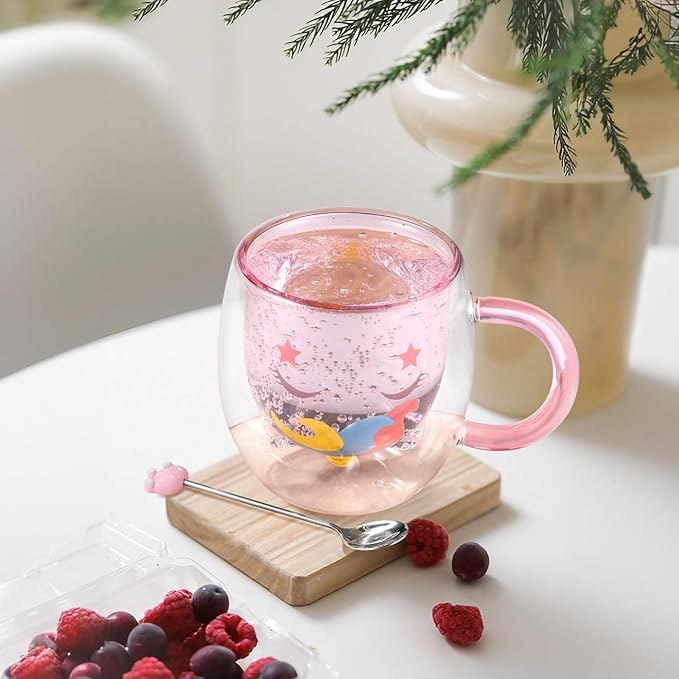 ecooe Cute Unicorn Mug Double Walled Glass Mug 9.4oz Coffee Cup Cappuccino Latte Glass Milk Tea Cup with Handle Spoon, Birthday Christmas Thanksgiving Day for Women Wife Mum Kids Friends Teachers