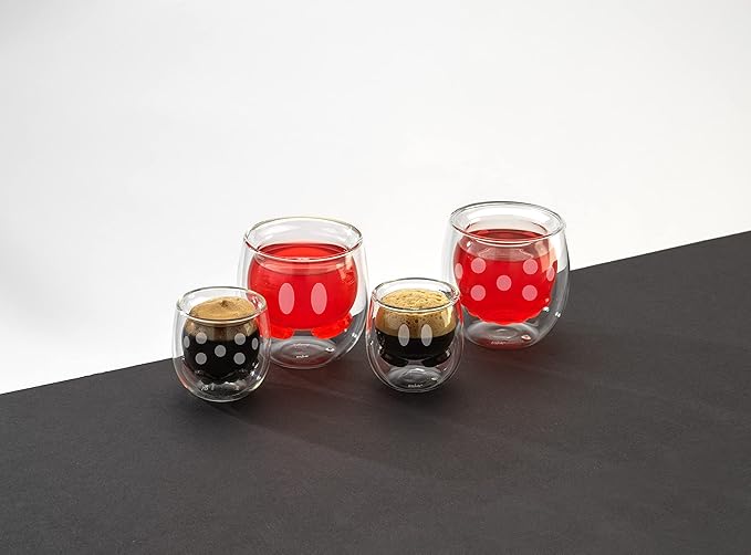 JoyJolt Mickey Pants and Minnie Skirt 3D 7.4oz Double Wall Glass Coffee Cups Set of 2, Disney Coffee Mug, Espresso and Tea Cups, Collection of Double Wall Glasses, Disney Gifts
