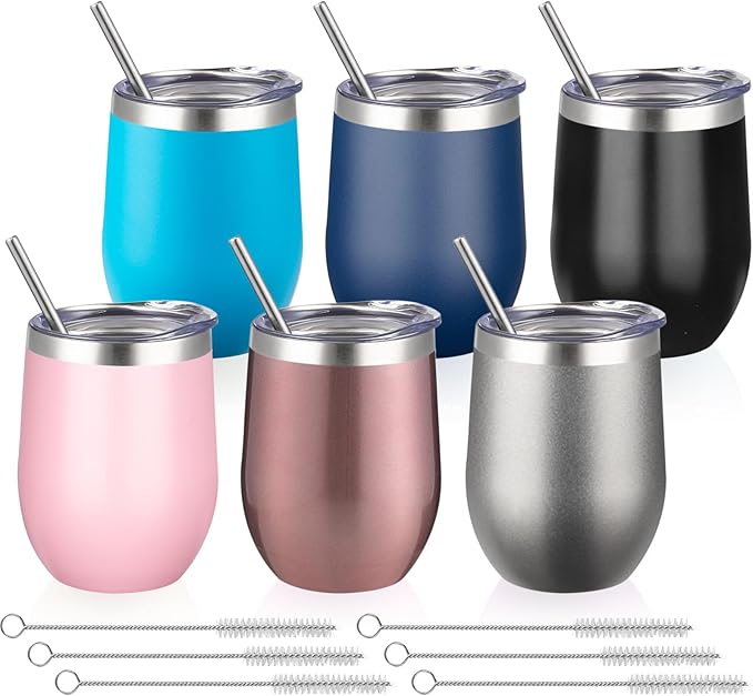 12 Oz Insulated Wine Tumbler with Lid Double Wall Vacuum Stainless Steel Wine Glass Coffee Mug Insulated Tumbler Cup for Champaign, Cocktail, Beer (Mixed, 6 Pack)