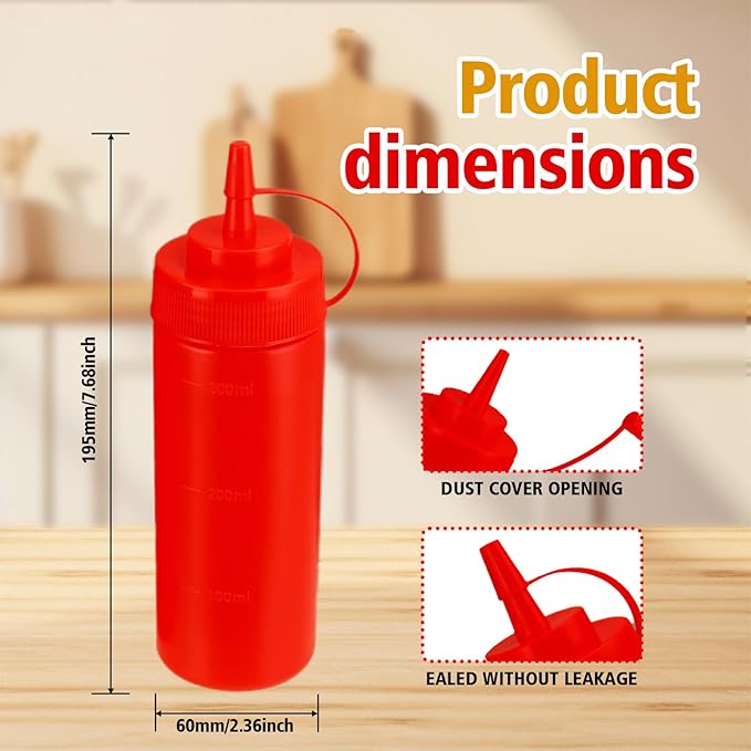 Squeeze Bottles for Sauces,Leak-Proof Condiment Dispenser, BPA-Free Kitchen Restaurant Squeeze Bottle Set with Wide Mouth for Ketchup, Mustard,Syrup,Dressings (Red, 4Pack-12oz(300ml))
