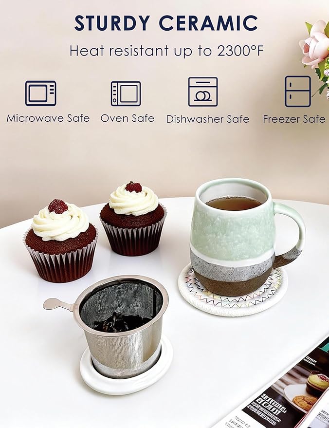 SISETOP 13.5 OZ Large Tea Infuser Mug, Reactive Glaze Tea Cup with Infuser and lid, Ceramic Infusion Mug for Loose Leaf, Microwave & Dishwasher Safe, Green
