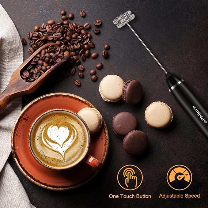 Philorn Milk Frother Wand Handheld Rechargeable Electric Whisk Coffee Drink Mixer, Mini Foamer for Lattes, Cappuccino, Frappe, Matcha, Hot Chocolate, Protein Powder, Keto Diet (Black)