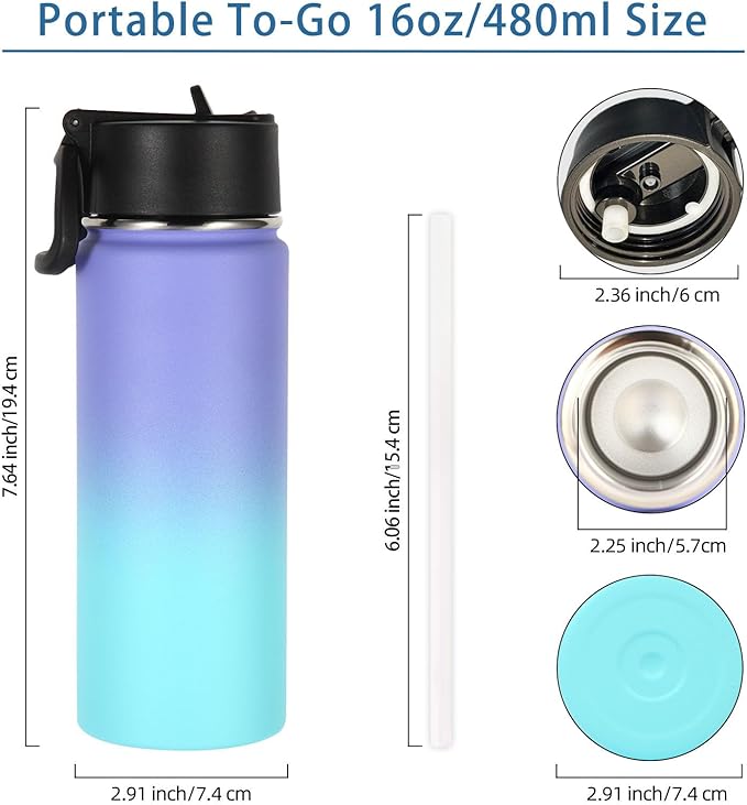 Volhoply Kids Insulated Water Bottle with Straw,16oz Stainless Steel Cold Water Bottles for School,BPA-Free Metal Wide Mouth Cups with Handle,Reusable Double Wall Vacuum Sport Flask(Purple Blue,1)