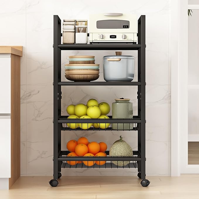 4-Tier Metal Rolling Cart with Removable Grid Shelves, Lockable Wheels & Handle for Kitchen, Bathroom, Office Storage, Black (Medium)