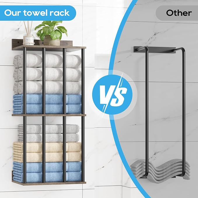 Towel Racks for Bathroom Wall Mounted, Updated 4 Bar Wall Towel Holder | Large Bathroom Towel Storage Rack for Rolled Towels, Modern Metal Towel Organizer Shelf with Wooden Storage Shelf