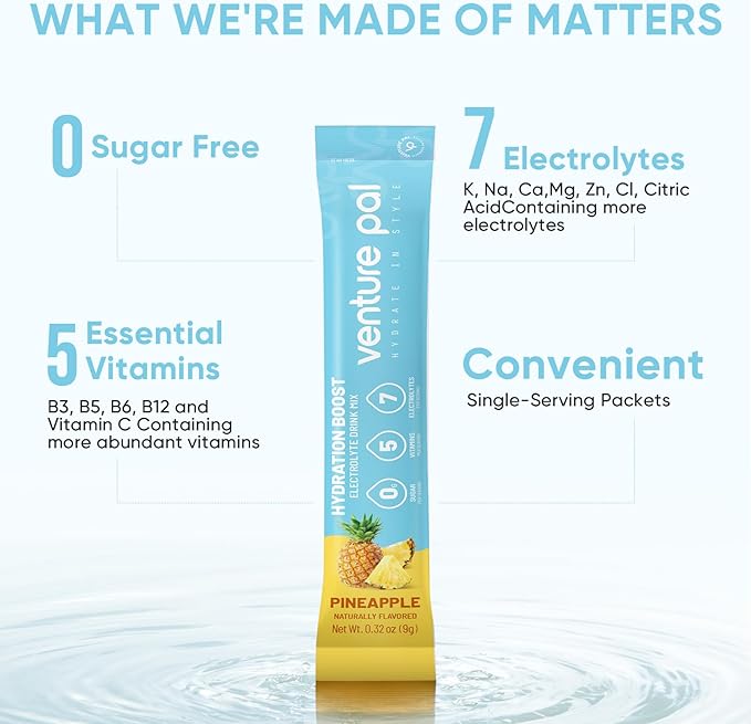 Venture Pal Sugar Free Electrolyte Powder Packets - Liquid Daily IV Drink Mix for Rapid Hydration & Party Recovery | 5 Vitamins & 7 Electrolytes| Keto Friendly | Non-GMO | Certified Vegan | 16 Sticks