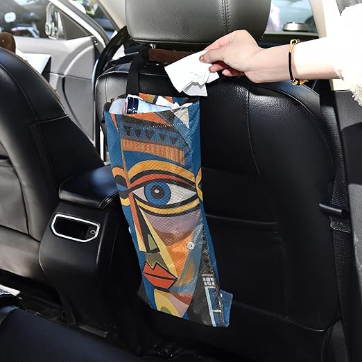 ALAZA Hanging Car Trash Bags Garbage Bag Trash Can for Back Seat Small Egyptian Geometric Face Washable Storage Bag Retractable 2 Pack