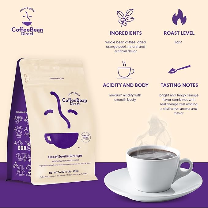 Coffee Bean Direct Decaf Seville Orange Flavored, Whole Bean Coffee, 1 Pound Bag