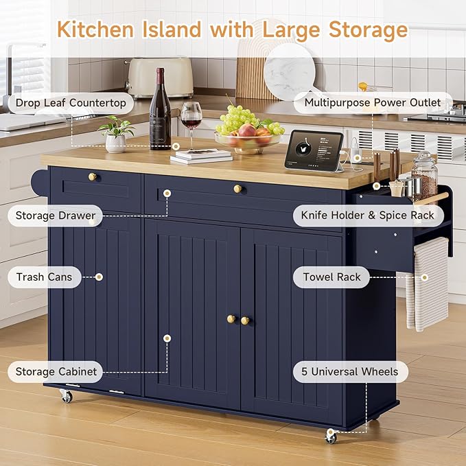 ONBRILL 60" Kitchen Island with Power Outlet & Drop Leaf, Mobile Storage Island with Spice Rack & Towel Rack, 4 Levels, Blue