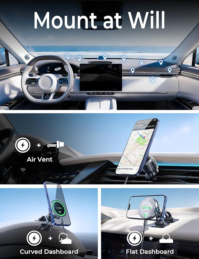LISEN Qi2.2 25W MagSafe Car Mount Charger [2026 Upgraded with TEC Cooling] Qi2.2 25W Wireless Car Charger Magnetic Car Phone Holder Charger,Magsafe Charger for iPhone 17/16/15/14/13/12,Samsung S26/S25