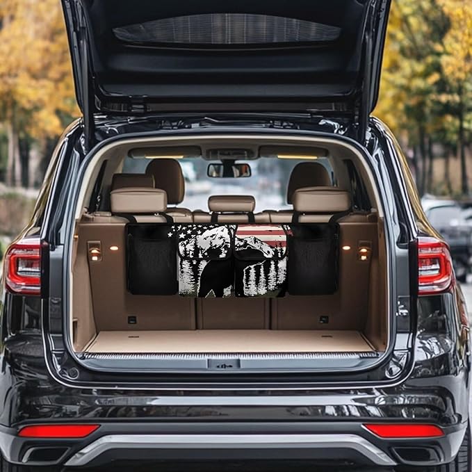 American Flag Bear Car Trunk Organizer, Large Capacity Auto Backseat Hanging Organizer, Thick Backseat Storage Bag with 2 Pockets, 2 Mesh Pockets, Car Trunk Tidy Storage Bag with Lids