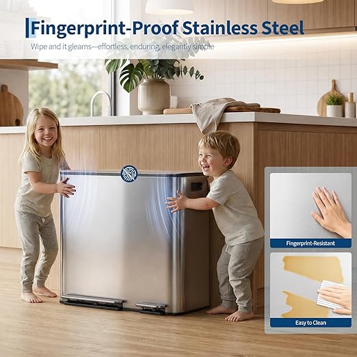 Dual Kitchen Trash Can 13.2 + 5.2 gal (50+20L) Stainless Steel Trash Cans with Soft Close Lid Large Double Garbage and Recycling Bin with 2 Removable Inner Buckets Step-on Metal Garbage Cans Silver