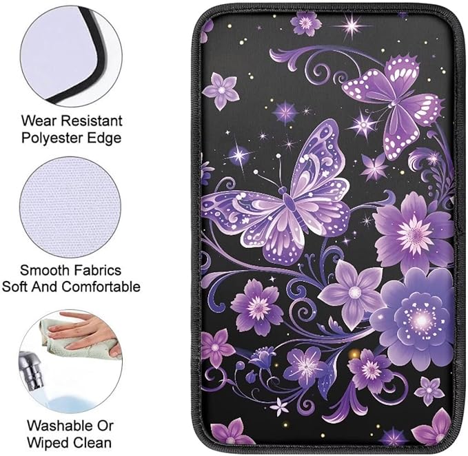 Purple Butterfly Car Console Covers Armrest Console Cover Soft Car Center Console Cover Accessories Protect from Pet Claws Universal Cars Interior Accessories Decoration