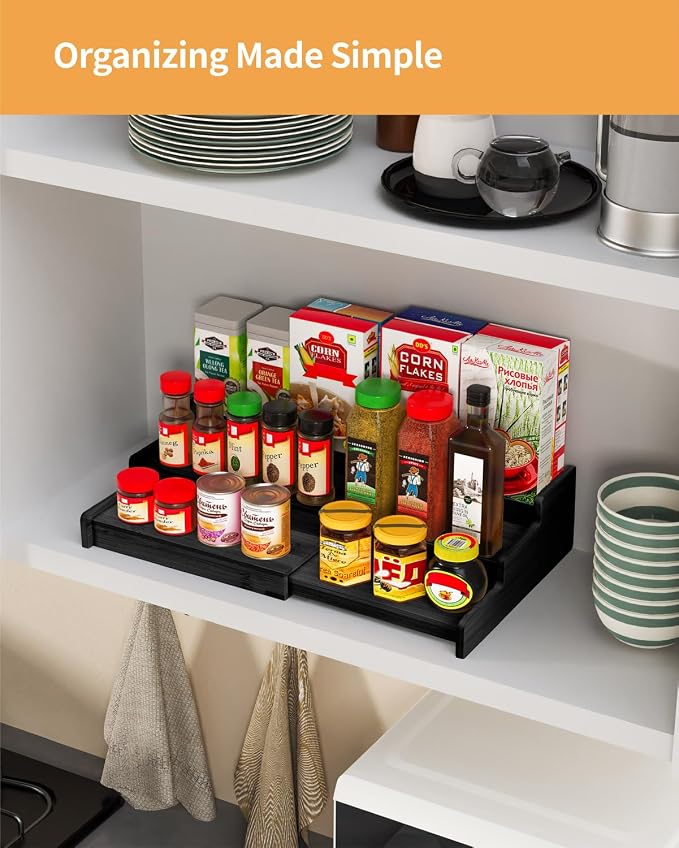 VenDotbi Spice Rack, 3-Tier Expandable Bamboo Spice Rack Organizer for Cabinet, Kitchen, Pantry and Cupboard Storage Organizer-Black(2pack)