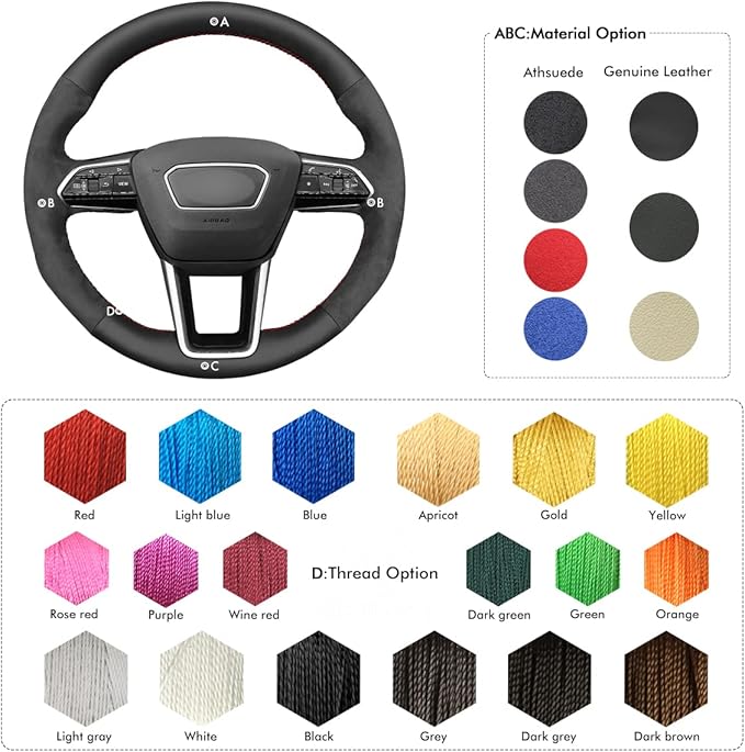 MEWANT Hand Sew Black Genuine Leather Dark Gray Athsuede Steering Wheel Wrap for Audi A6 A6 Allroad A7 RS 6 Avant RS 7
