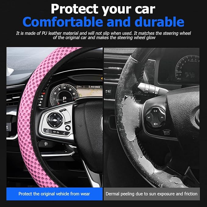Car Steering Wheel Cover, Elastic Stretch Breathable Anti-Slip Automotive Steering Wheel Protector, Soft Comfortable Vehicle Interior Accessories, Universal for RV, SUV, Truck (Pink)