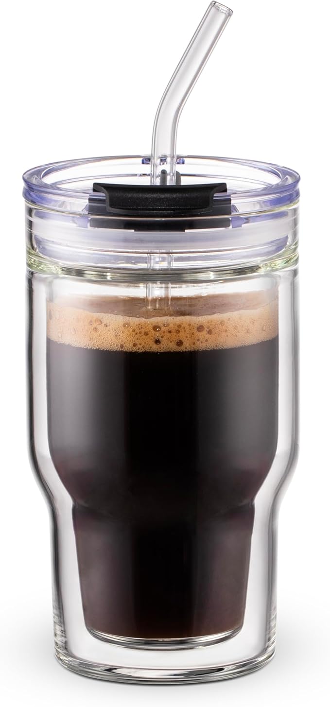 Double Walled Glass Espresso Cups, Insulated Coffee Mug with Straw and Lid - 12oz/350ml Reusable Tumbler for Hot/Cold Drinks, Smoothie, Latte, Matcha, Car & Travel