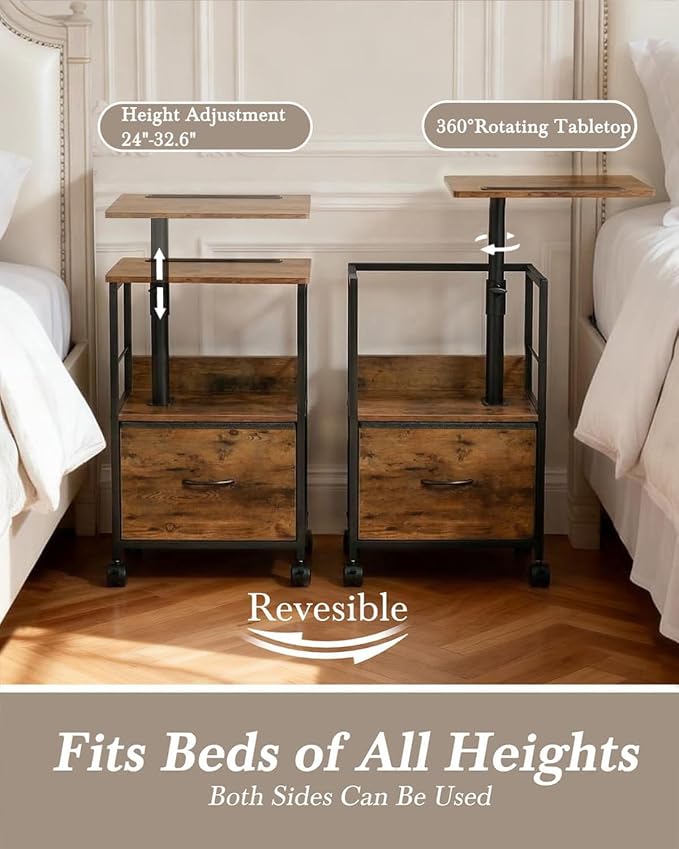 Faesun Swivel Lift Top Nightstand, Rolling Side Table for Recliner, Bedside Table with Wheels & a Fabric Drawer, for Small Spaces, for Bedroom, Living Room, Brown