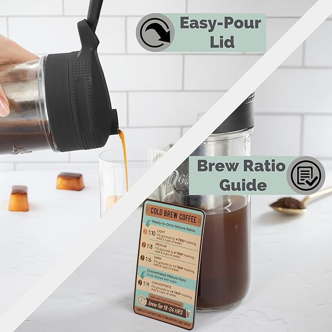 Masontops Cold Brew Makers Kit - Deluxe Iced Coffee Maker with Glass Pitcher & Stainless Steel Mesh Filter - Easy Pour Fridge Cold Brewer System