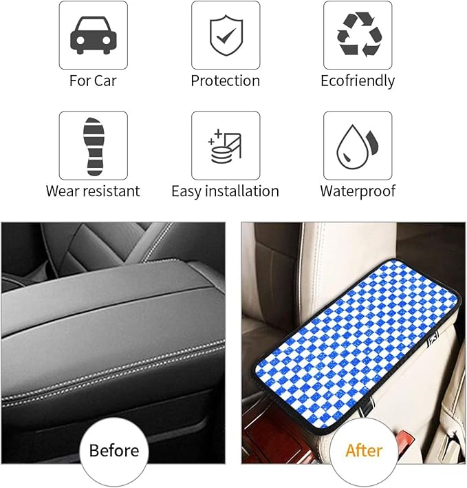 Glitter Blue White Checkered Chessboard Flag (2) Car Armrest Pad Cute Cars Center Console Cover Auto Handrail Box Cushion Armrests Cover