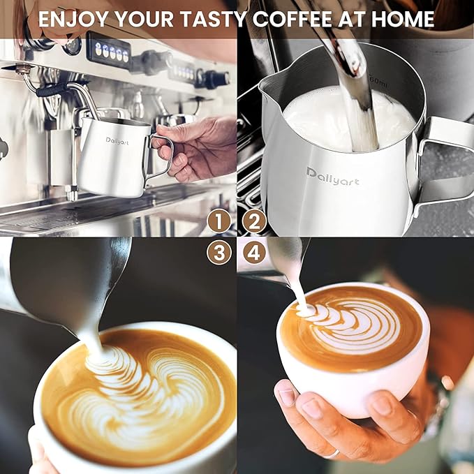 Dailyart Milk Frothing Pitcher 8.5OZ/250ml - 304 Stainless Steel Milk Frother Cup with Special Dripless Spout and Scale, Espresso Machine Accessories, Milk Steaming Pitcher for Cappuccino, Latte Art
