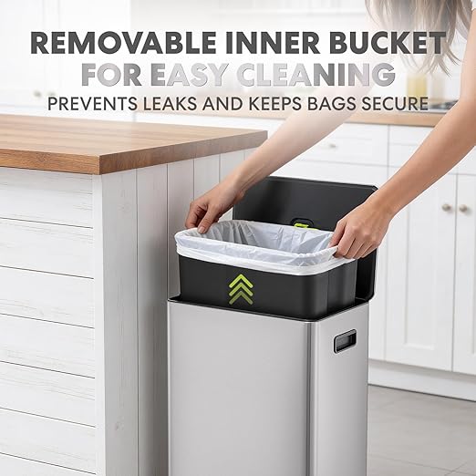 SIMPLI-Magic Infinity Edge 60L / 16 Gallon Kitchen Trash Can - Hands-Free Step Pedal, Soft-Close Lid, Stainless Steel Garbage Can with Inner Bucket