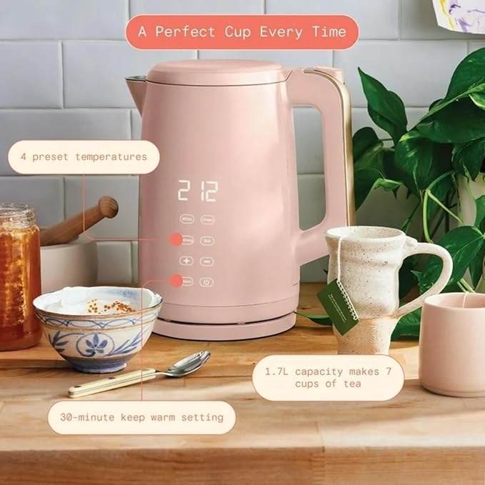 Electric Gooseneck Kettle 1 Liter 1200W, Stainless Steel, Pour Over Coffee Tea, Auto Shut-Off, 360° Cordless Power Base (Rose 1.7L)