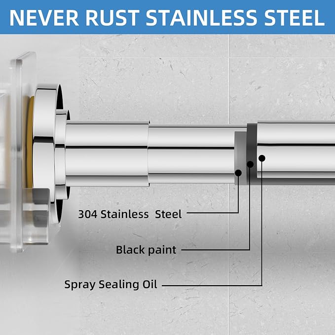 CorkLatta Chrome Shower Curtain Rod,1 Inch Diameter Stainless Steel Adjustable Spring Tension Rods 32 to 80",with Holders,Anti-Slip,Curtain Rods No Drilling(1 Pack)