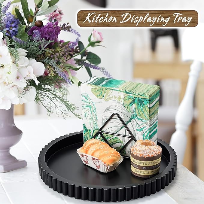Handmade 12in Decorative Tray for Coffee Table Tray Decor, Black Wooden Decorative Round Tray for Kitchen, Living Room, Home Decor
