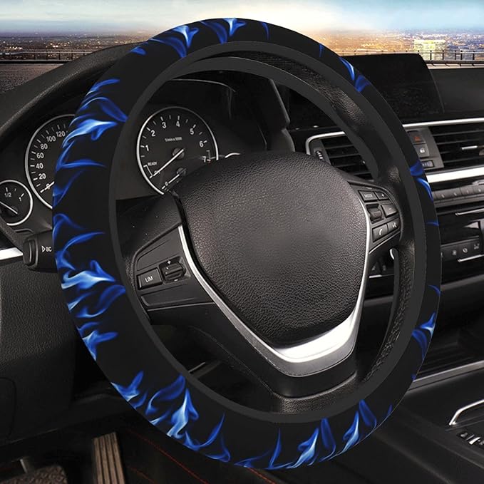 Blue Art Fire Flame Neoprene Steering Wheel Covers Women Men Car Accessories, Universal 15 Inch Fit Auto, Suvs, Truck