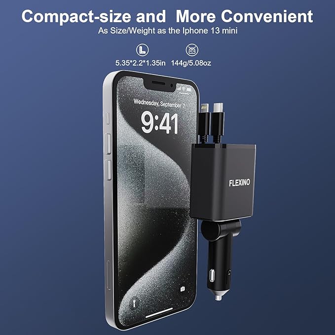 Flexino Retractable Car Charger for iPhone 16, 69W Fast Charging Car Charger USB C, Car Chargers with 2 Retractable Cords 2.6ft, Car Adapter for iPhone 16/15 Series, Galaxy(Grey, Dual Type C)