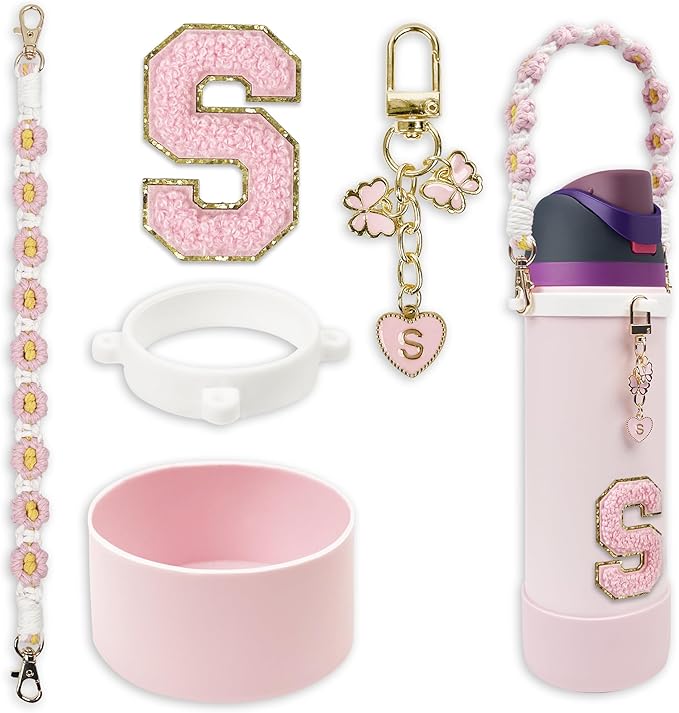 SITKOL Silicone Boot Cute Monogram Set Compatible with Owala Water Bottle 24 oz, 32 oz, 40 oz - Perfect Letter Owala Accessories for Owala Tumbler, Owala Free Sip, Pink Owala, Black Owala