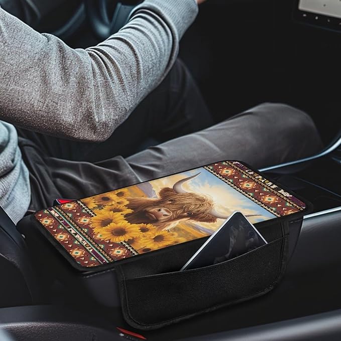 BIGCARJOB Car Center Console Cover Funny Highland Cow Print Auto Interior Accessories Car Armrest Cover Cushion Car Armrest Storage Box Sunflower Print Armrest Cover for Car SUV Truck