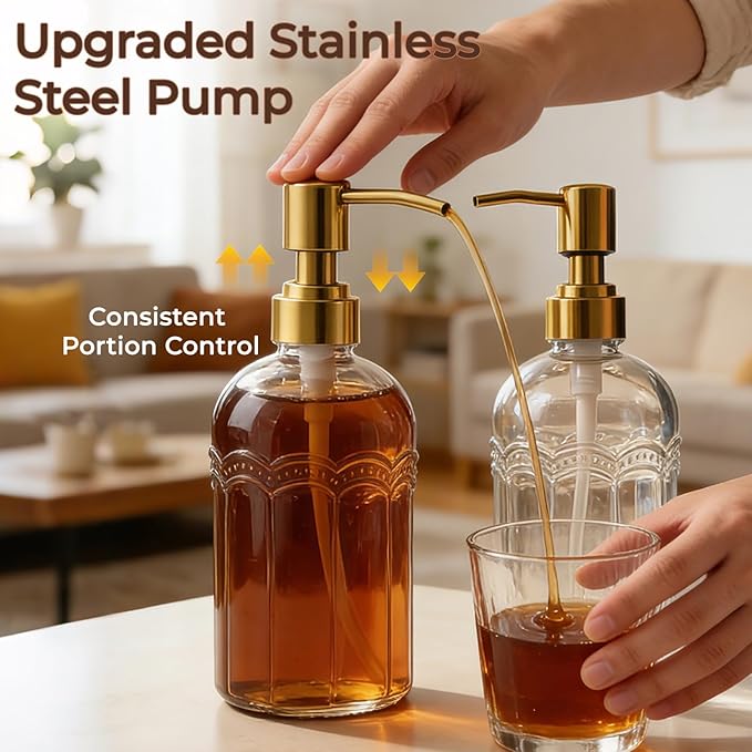 Coffee Syrup Dispenser Set of 2, 13.5 oz (400ml) Glass Bottles with Antique Bronze Stainless Steel Pump, Coffee Bar Syrup Pump Dispensers with Funnel, Cleaning Tools & Tags