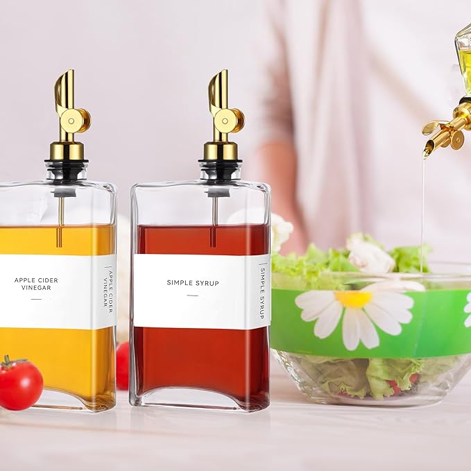 4 Pcs Olive Oil Dispenser for Kitchen, Glass Olive Bottles Oil Seasoning Bottle Set Coffee Syrup Soy Sauce Dispenser (Gold,350 ml)