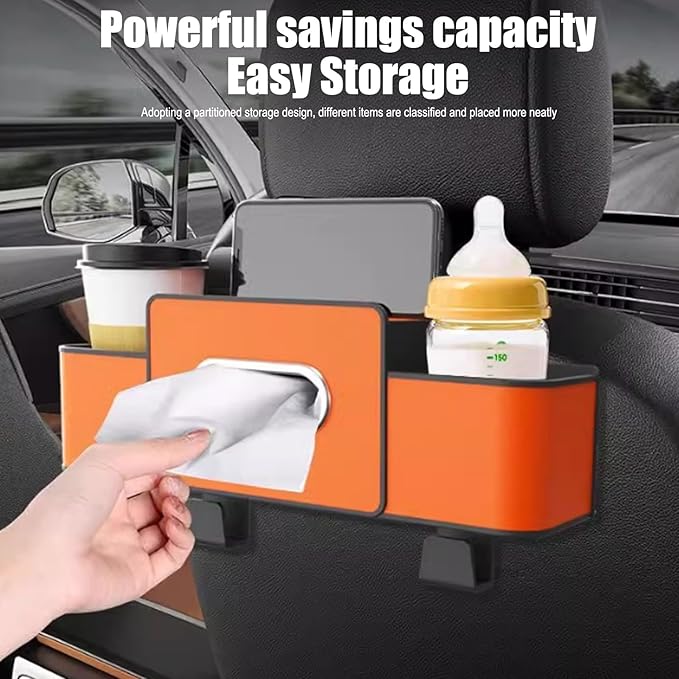 Car Back Seat Organizer with Hooks & Tissue Dispenser – Faux Leather Storage Box with Cup Holders, Multi-Compartment for Sunglasses & Chargers, Compatible with Most Seat Beige 1pc