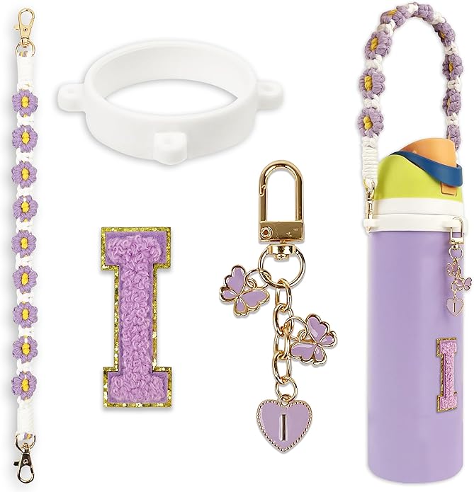 Compatible with Owala Water Bottle Accessories, Cute Letter Charm Set with Boho Handle Strap, Monogram Sticker, Silicone Ring, Keychain Decoration, for FreeSip 24 32 40oz, Owala Kids, Tumbler Gift
